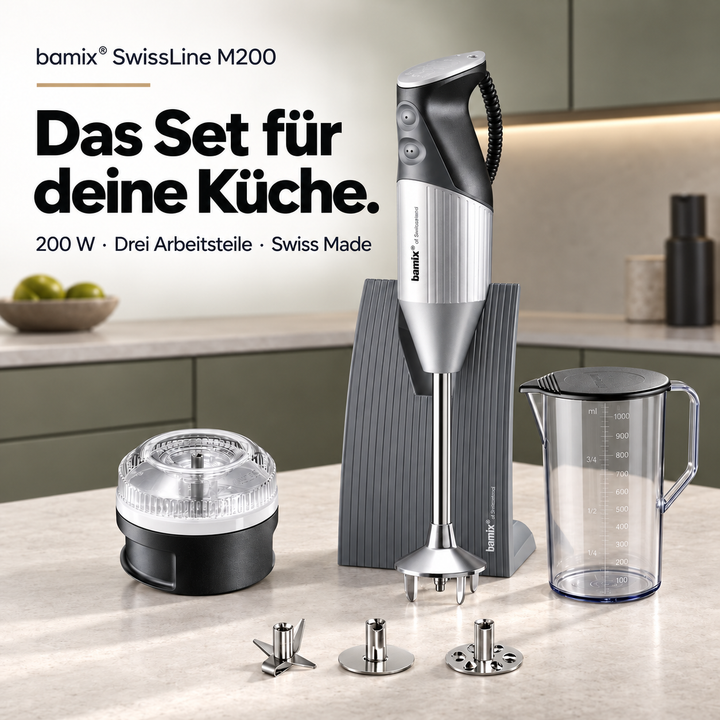 bamix SwissLine M200 – 200-W-Stabmixer mit 3 Aufsätzen, Processor und 1-Liter-Krug