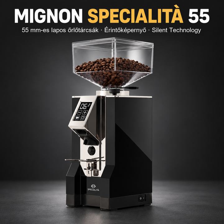 Eureka Mignon Specialità 55 – Eszpresszó-kávéőrlő 55 mm-es síktárcsákkal, érintőkijelzővel és időzítővel