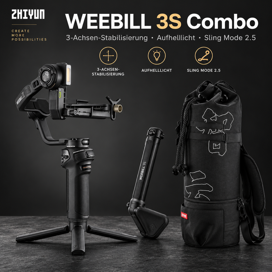 ZHIYUN WEEBILL 3S Combo – 3-Achsen-Kameragimbal mit Sling-Griff, Handballenauflage und Aufhelllicht