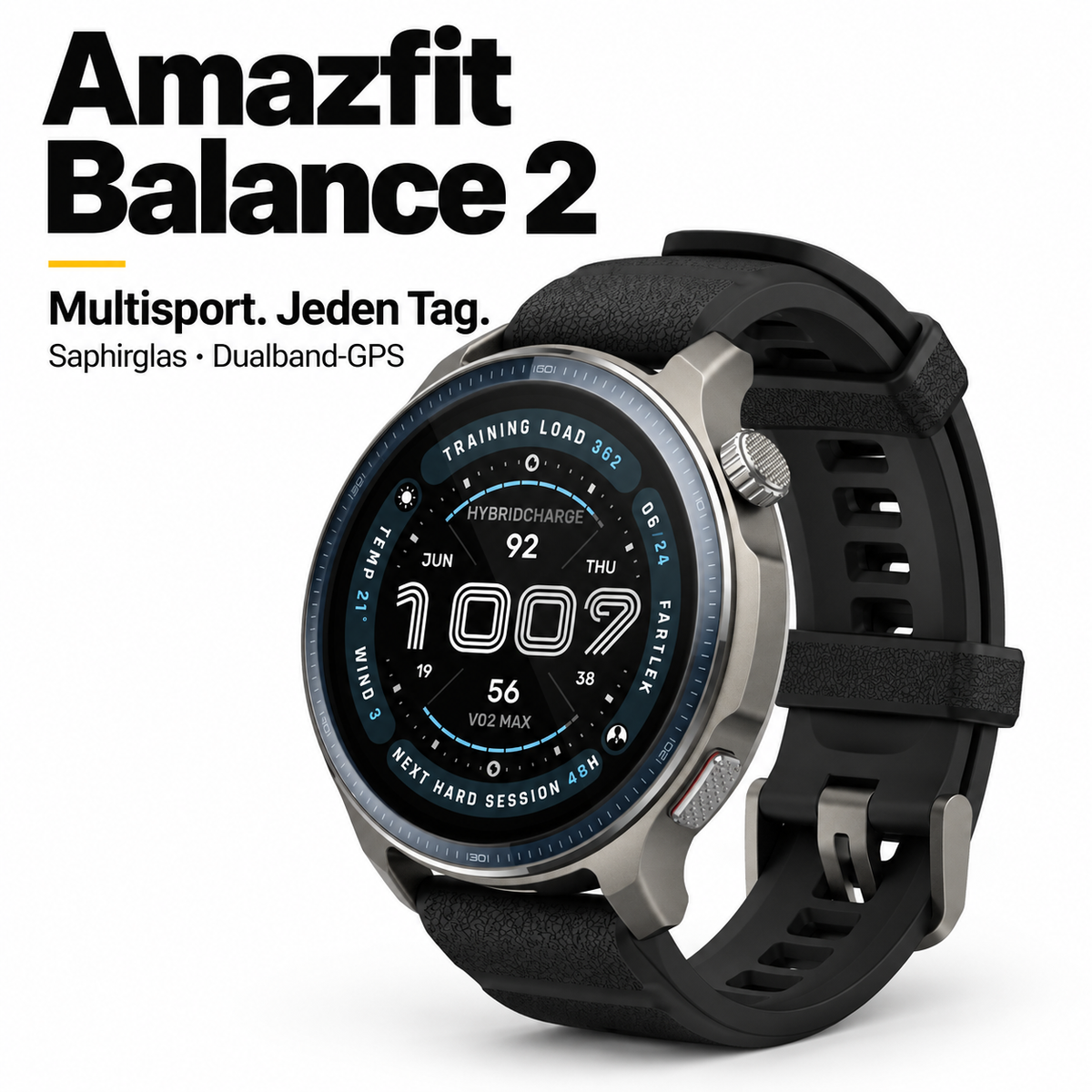 Amazfit Balance 2 – Smartwatch mit 1,5-Zoll-AMOLED, Saphirglas, GPS und Offline-Karten
