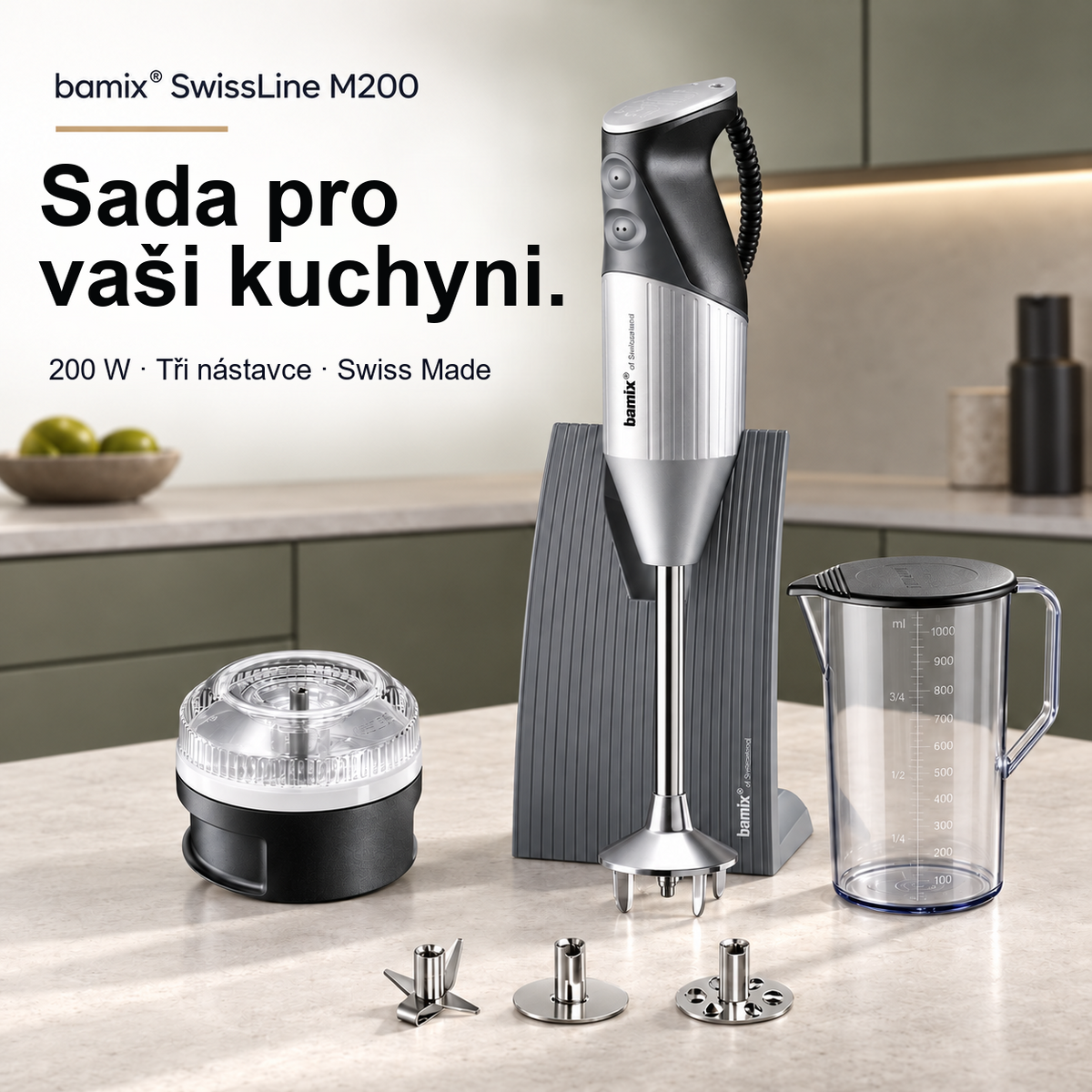 bamix SwissLine M200 – 200W tyčový mixér se 3 nástavci, Processorem a 1litrovým džbánem