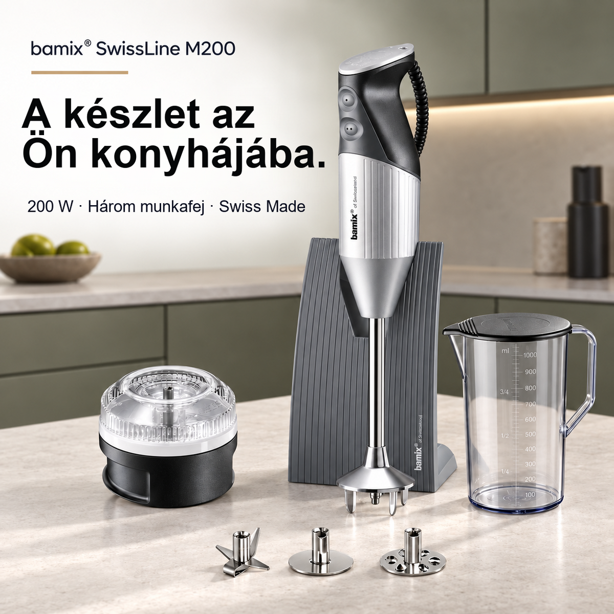 bamix SwissLine M200 – 200 W-os botmixer 3 fejjel, Processorral és 1 literes kancsóval