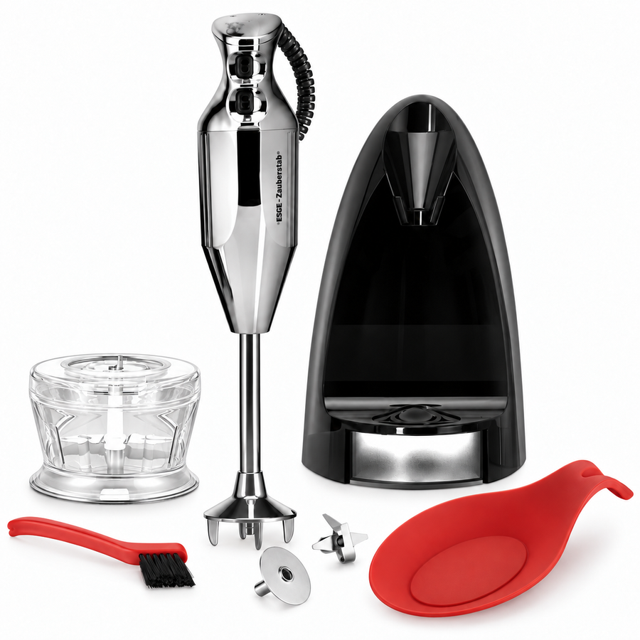 ESGE-Zauberstab M 200 Chrom – 200-W-Stabmixer mit 2 Stufen, Zerkleinerer und Zubehör-Set